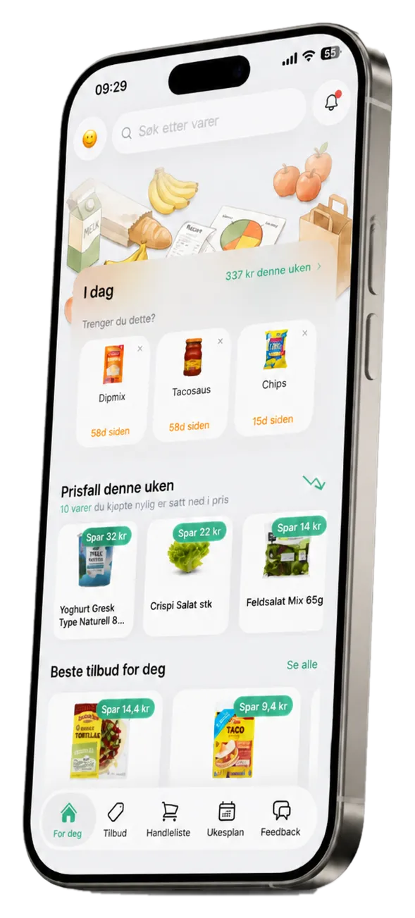 Skjermbilde: SeSum-appen på iPhone, I dag-fanen med tilbud og forslag