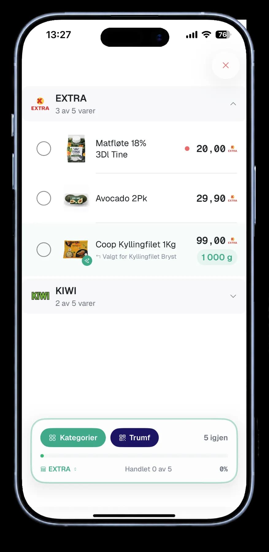 Skjermbilde: Handleliste splittet på to butikker, EXTRA og KIWI