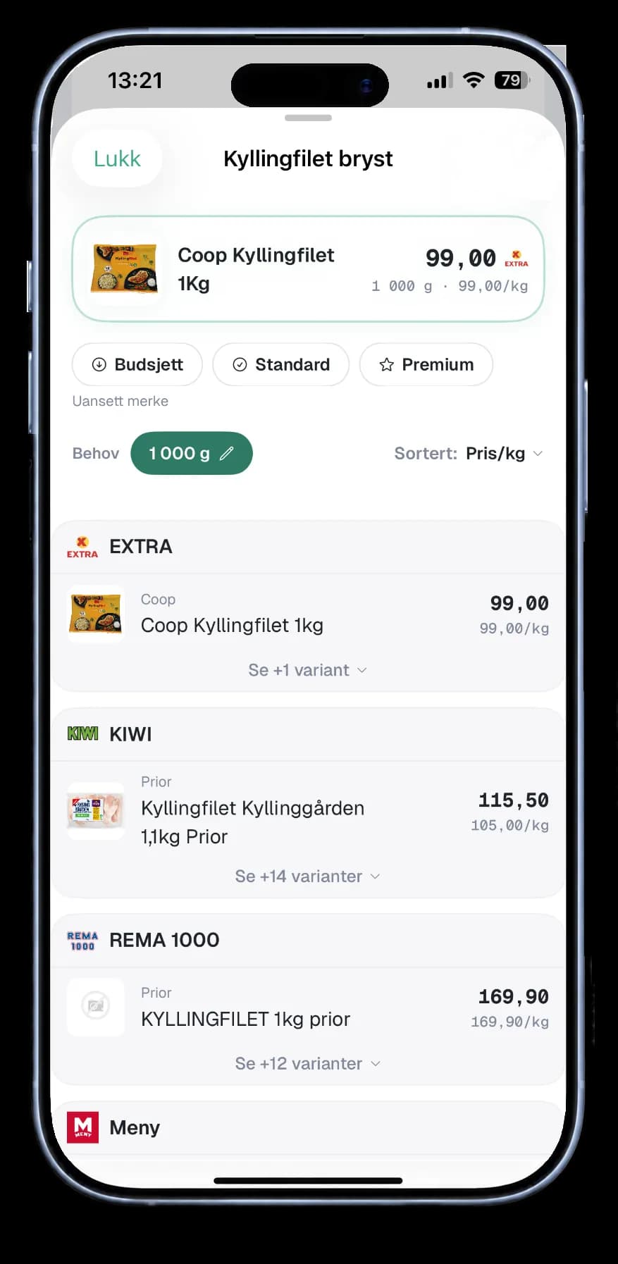 Skjermbilde: Smartvare-resultat for kyllingfilet 800 g, KIWI billigst