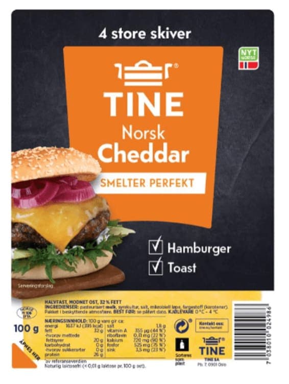 Cheddar Norsk 4 skiver 100g Tine