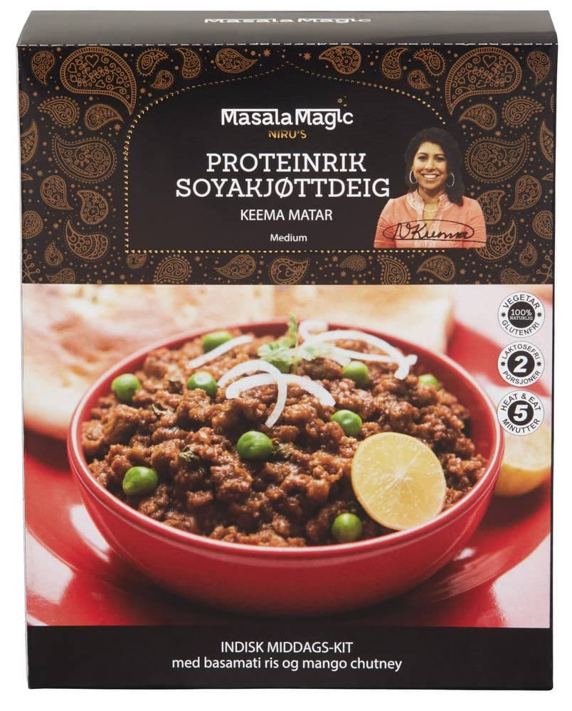 Proteinrik Soyakjøttdeig Indisk Middags-kit med Basmatiris og Mango Chutney Medium Keema Matar 685g Masalamagic