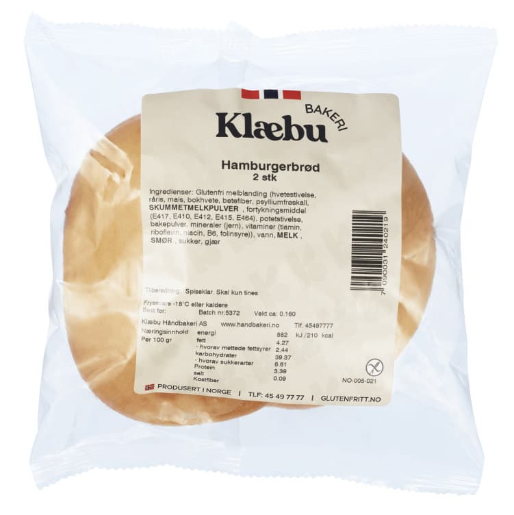 Hamburgerbrød glutenfri 2stk 160g Klæbu