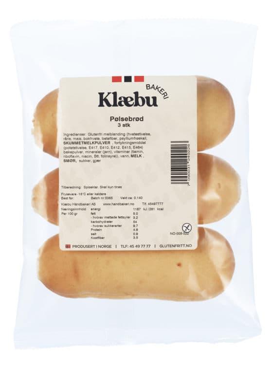 Pølsebrød glutenfri 3stk 140g Klæbu