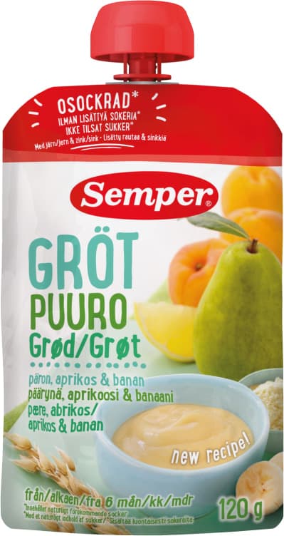 Grøt Pære&Aprikos 6mnd 120g Semper