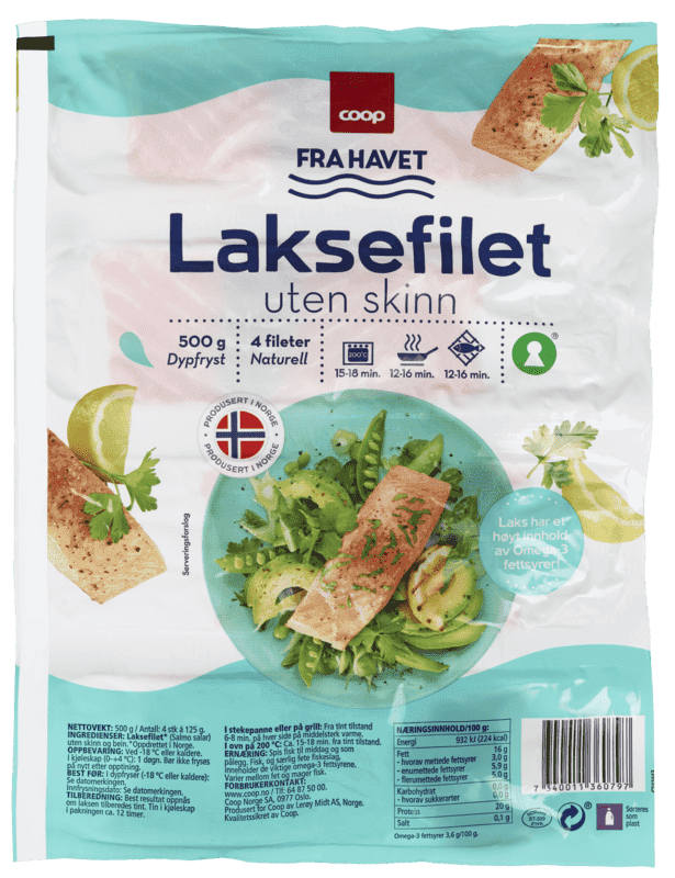 Coop Laksefilet uten Skinn 4x125g 500 g