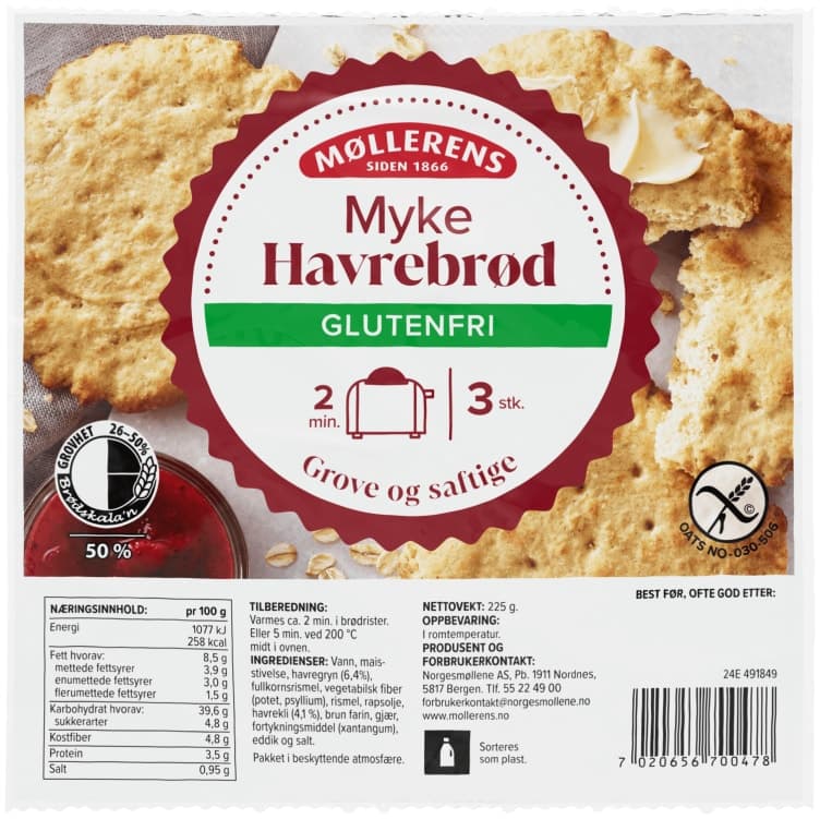 Havrebrød Runde Myke Gl.Fri 3stk Møllerens 225 g