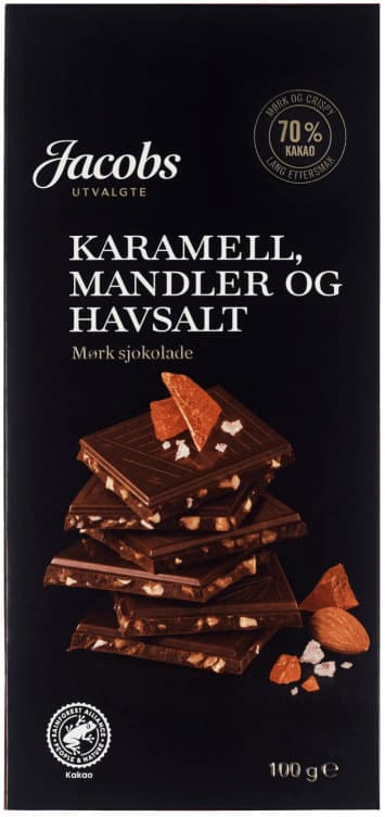 Sjokolade Mørk 70% Karamell/Mandel/Havsalt 100g Jacobs Utvalgte