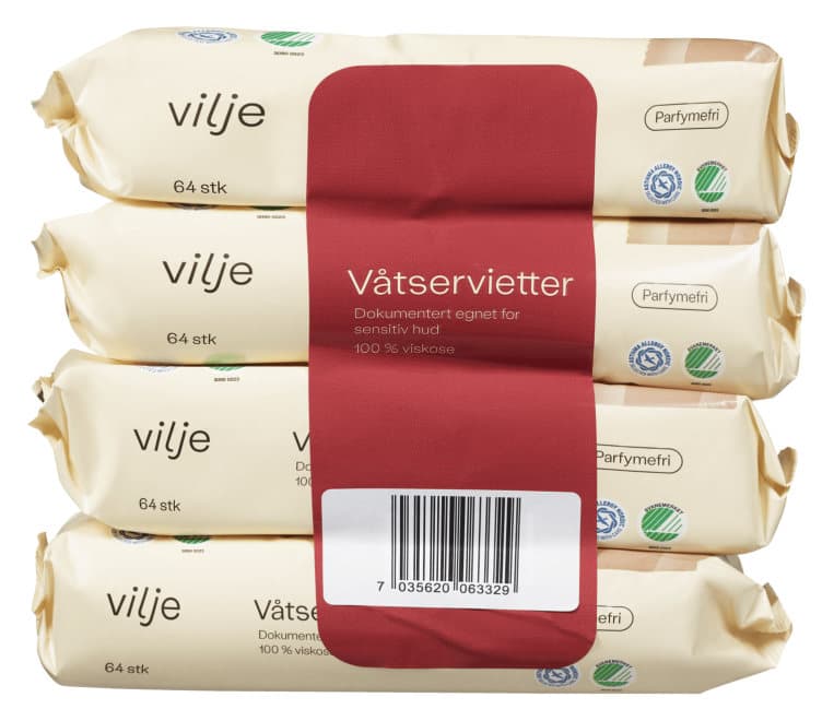 Våtservietter Plastfri 4x64stk Vilje