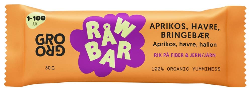 RÅWBAR med aprikos, havre og bringebær 30 g