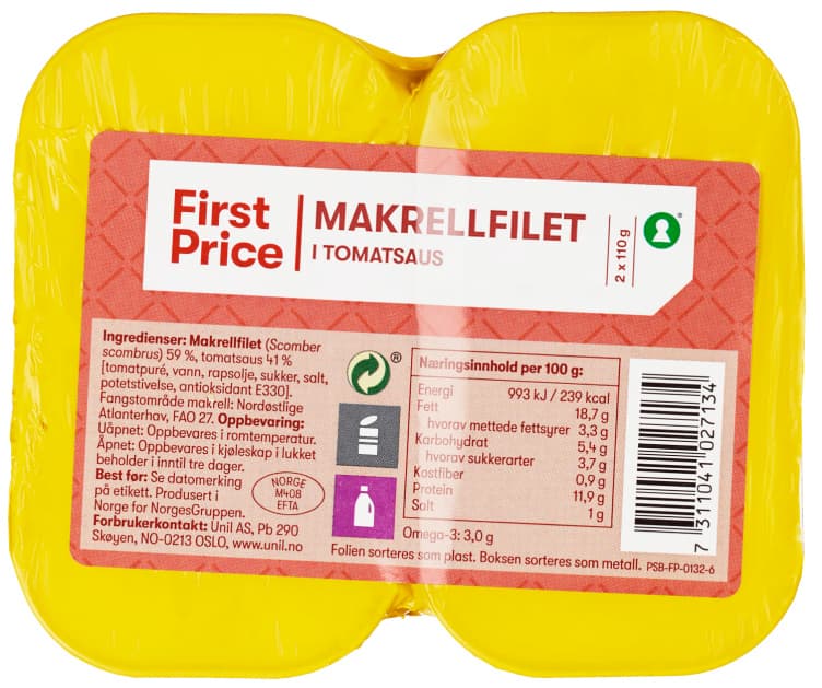Makrellfilet i Tomat 2x110g First Price 2 stk