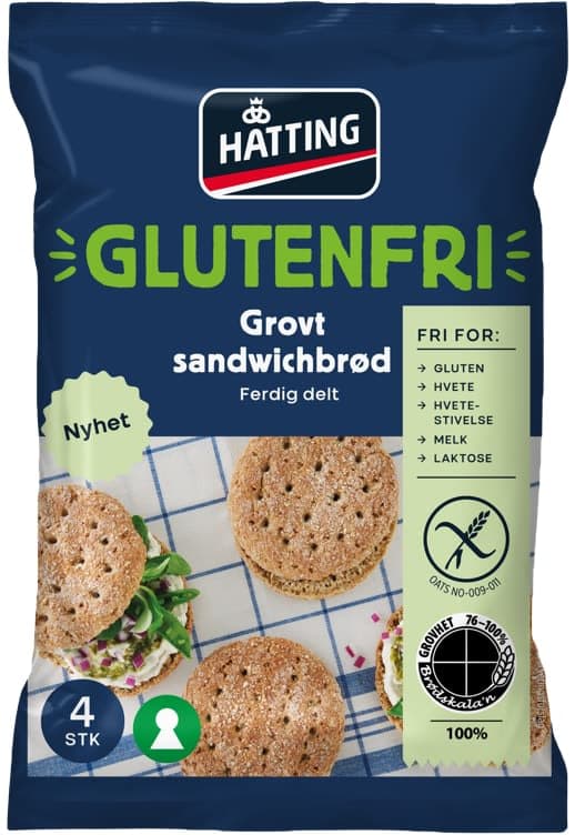 Sandwichbrød Grovt glutenfri 4stk Hatting 340 g