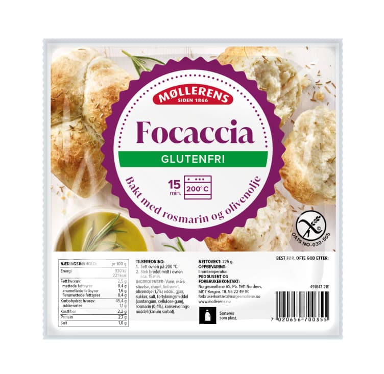 Focaccia glutenfri 225g Møllerens