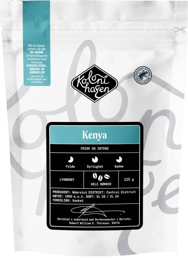 Kaffe Kenya Hele bønner, frisk og intens, 225 g