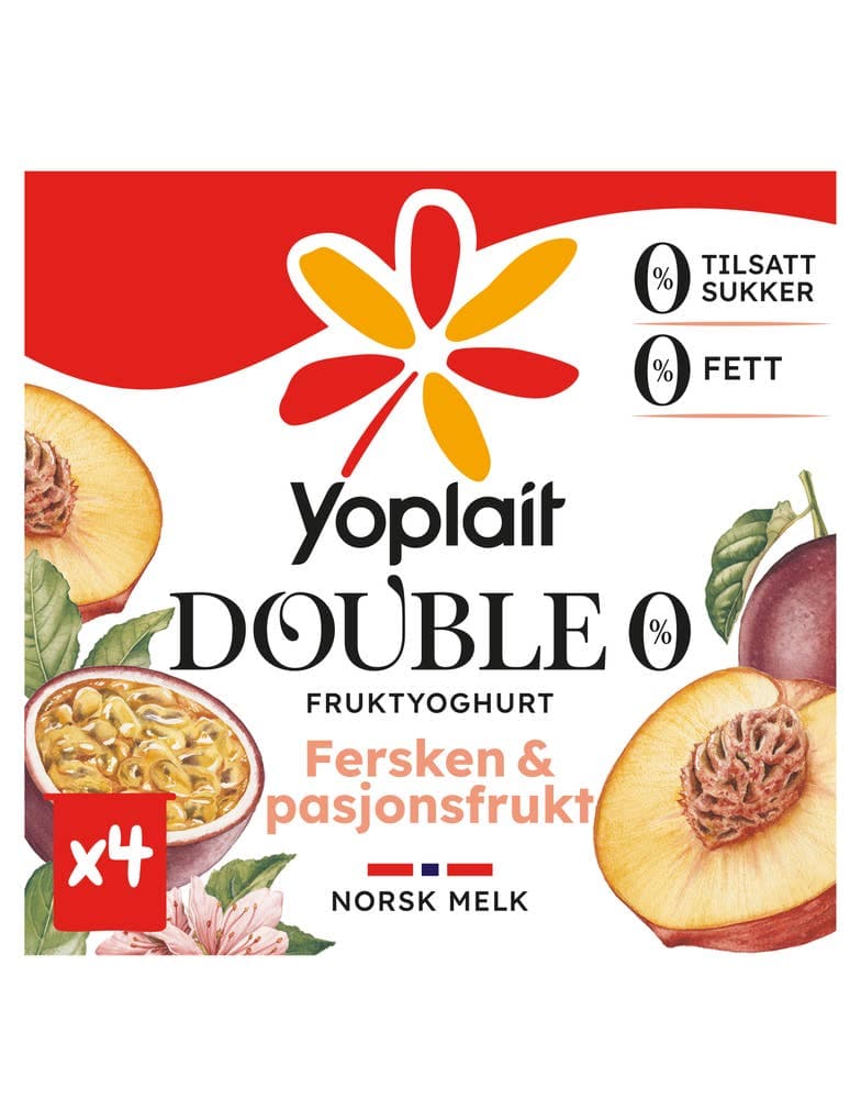 Yoplait Double 00% Fersken&Pasjon, 4x125g, 500 g